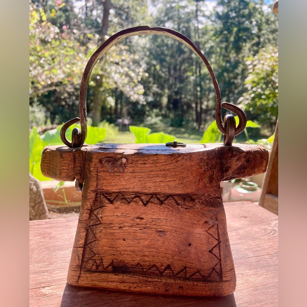 Rare VTG MCM Art Hand Carved Wood W Metal Handle Handbag Former Lantern Oil Pot